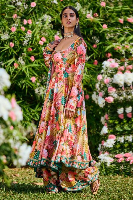 Lashkaraa_Multi Color Silk Embroidery Scoop Neck Floral Print Anarkali Palazzo Set_Online_at_Aza_Fashions