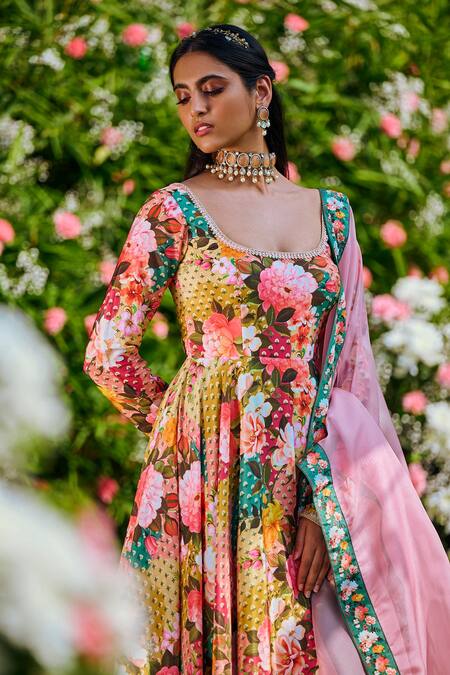 Buy_Lashkaraa_Multi Color Silk Embroidery Scoop Neck Floral Print Anarkali Palazzo Set_Online_at_Aza_Fashions