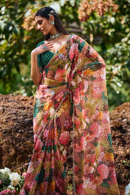 Lashkaraa_Multi Color Chiffon, Satin Crystals V-neck Floral Print Pre-draped Saree Set_Online_at_Aza_Fashions