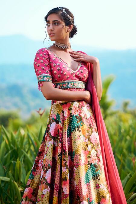 Lashkaraa_Pink Silk Crystals V-neck Vintage Floral Print Lehenga Set_Online_at_Aza_Fashions