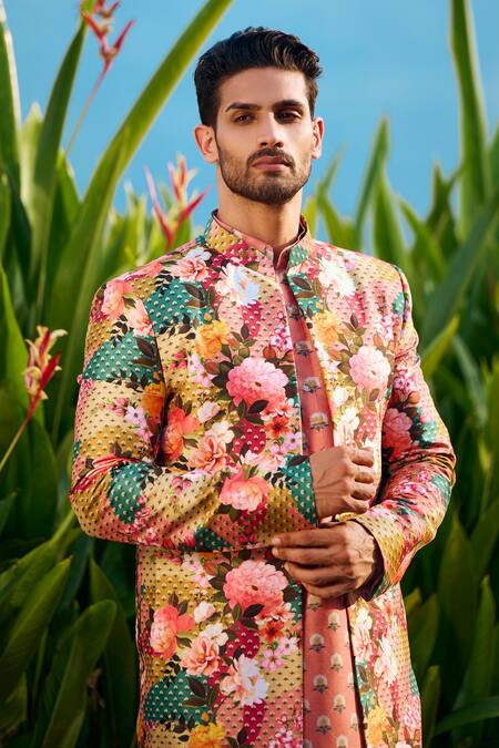 Lashkaraa_Multi Color Silk Floral Flower Bloom Print Jacket Kurta Set_Online_at_Aza_Fashions