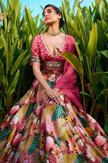Shop_Lashkaraa_Pink Silk Crystals V-neck Vintage Floral Print Lehenga Set_Online_at_Aza_Fashions