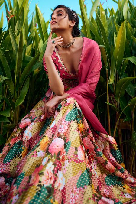 Lashkaraa_Pink Silk Crystals V-neck Vintage Floral Print Lehenga Set_at_Aza_Fashions