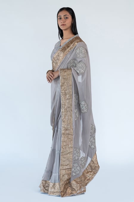 Nikita Vishakha_Grey Blouse Raw Silk, Saree Georgette Mirror, Resham, Work Gold Border With_Online_at_Aza_Fashions