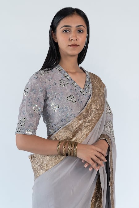 Buy_Nikita Vishakha_Grey Blouse Raw Silk, Saree Georgette Mirror, Resham, Work Gold Border With_Online_at_Aza_Fashions