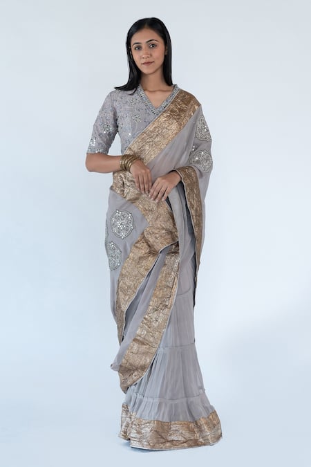 Shop_Nikita Vishakha_Grey Blouse Raw Silk, Saree Georgette Mirror, Resham, Work Gold Border With_Online_at_Aza_Fashions