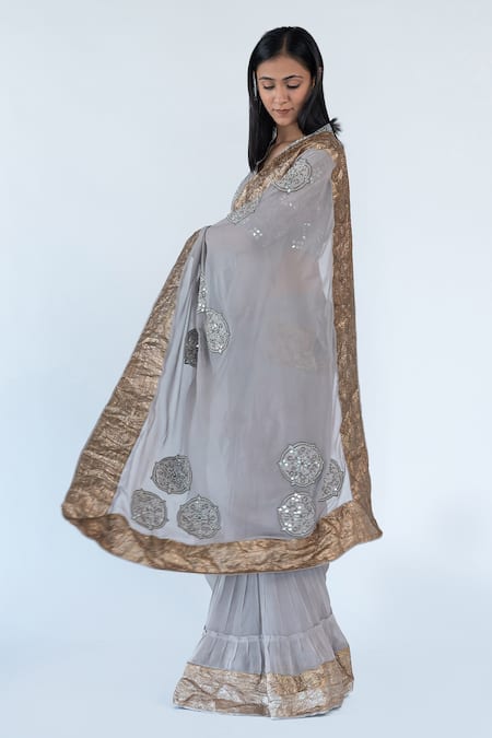 Nikita Vishakha_Grey Blouse Raw Silk, Saree Georgette Mirror, Resham, Work Gold Border With_at_Aza_Fashions