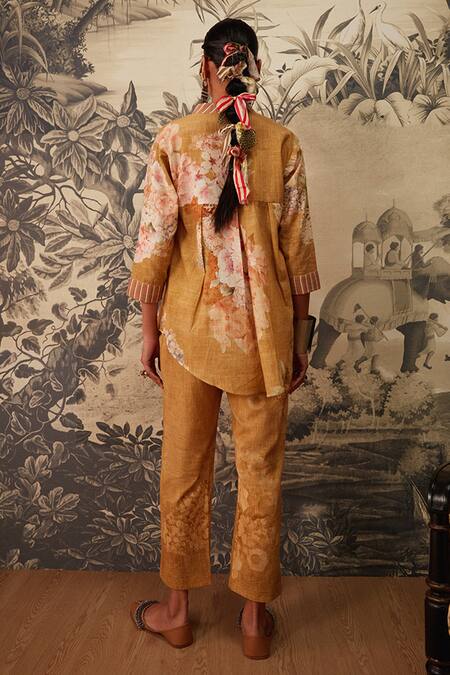 Buy Kalista Yellow Cotton Embroidery Mandarin Collar Olivia Printed Tunic And Pant Set Online at Aza Fashions Buy_Kalista_Yellow Cotton Embroidery Mandarin Collar Olivia Printed Tunic And Pant Set _Online_at_Aza_Fashions