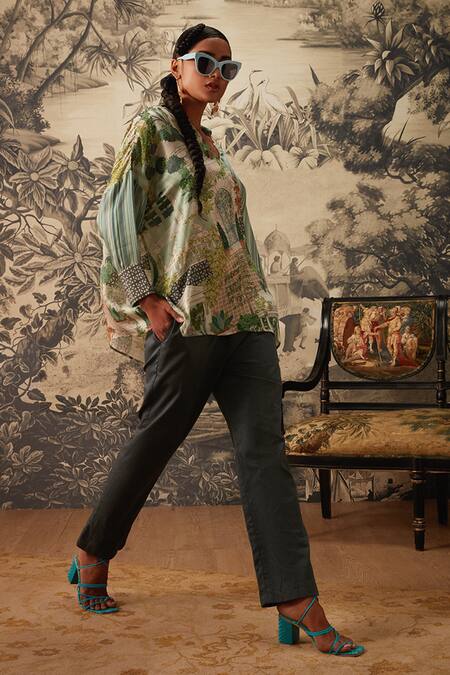 Kalista Multi Color Cotton Satin, Viscose Collared Zoey Miniature Print Tunic And Pant Set Online at Aza Fashions Kalista_Multi Color Cotton Satin, Viscose Collared Zoey Miniature Print Tunic And Pant Set _Online_at_Aza_Fashions