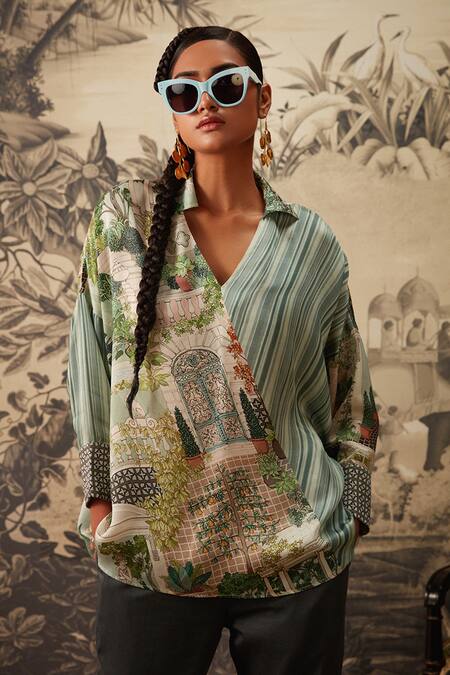 Buy Kalista Multi Color Cotton Satin, Viscose Collared Zoey Miniature Print Tunic And Pant Set Online at Aza Fashions Buy_Kalista_Multi Color Cotton Satin, Viscose Collared Zoey Miniature Print Tunic And Pant Set _Online_at_Aza_Fashions