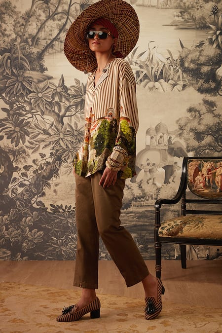 Kalista_Multi Color Cotton Satin, Viscose Aubrey Miniature Print Tunic And Pant Set _Online_at_Aza_Fashions