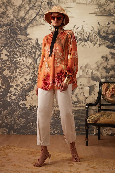 Kalista Orange Cotton Satin, Viscose Tassels Dahlia Botanical Print Tunic And Pant Set Online at Aza Fashions Kalista_Orange Cotton Satin, Viscose Tassels Dahlia Botanical Print Tunic And Pant Set _Online_at_Aza_Fashions