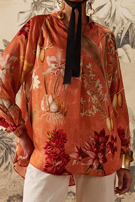 Buy Kalista Orange Cotton Satin, Viscose Tassels Dahlia Botanical Print Tunic And Pant Set Online at Aza Fashions Buy_Kalista_Orange Cotton Satin, Viscose Tassels Dahlia Botanical Print Tunic And Pant Set _Online_at_Aza_Fashions