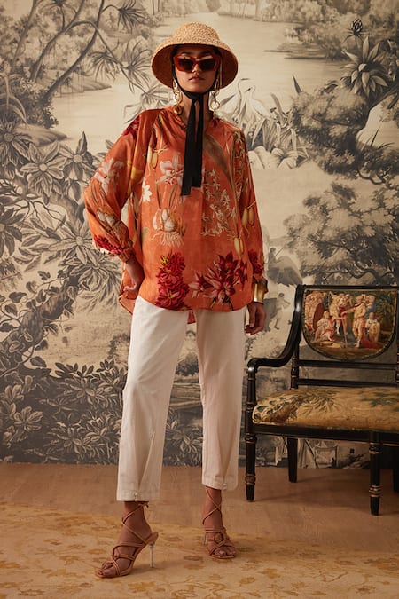 Shop Kalista Orange Cotton Satin, Viscose Tassels Dahlia Botanical Print Tunic And Pant Set Online at Aza Fashions Shop_Kalista_Orange Cotton Satin, Viscose Tassels Dahlia Botanical Print Tunic And Pant Set _Online_at_Aza_Fashions