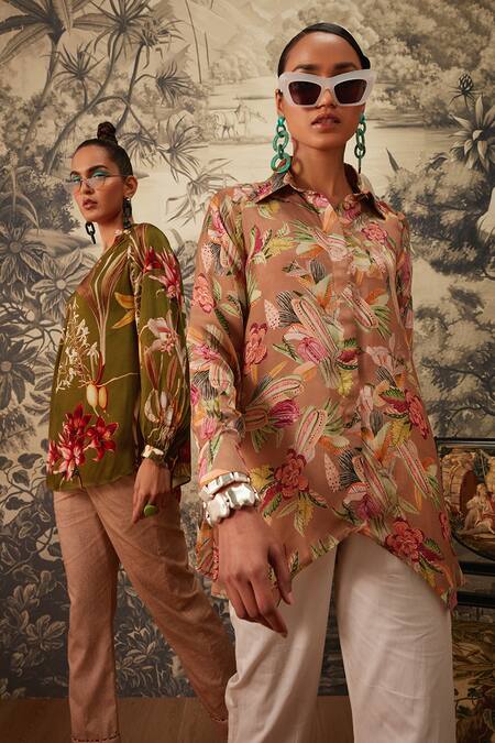 Shop Kalista Green Cotton Satin, Viscose Mandarin Dahlia Botanical Pattern Tunic And Pant Set Online at Aza Fashions Shop_Kalista_Green Cotton Satin, Viscose Mandarin Dahlia Botanical Pattern Tunic And Pant Set _Online_at_Aza_Fashions