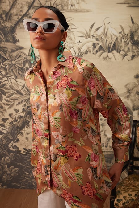 Kalista Brown Cotton Satin, Viscose Embroidery Hazel Botanical Print Tunic And Pant Set Online at Aza Fashions Kalista_Brown Cotton Satin, Viscose Embroidery Hazel Botanical Print Tunic And Pant Set _Online_at_Aza_Fashions