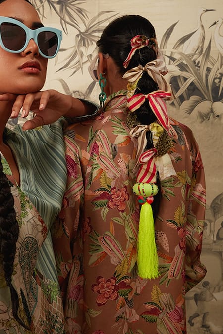 Buy Kalista Brown Cotton Satin, Viscose Embroidery Hazel Botanical Print Tunic And Pant Set Online at Aza Fashions Buy_Kalista_Brown Cotton Satin, Viscose Embroidery Hazel Botanical Print Tunic And Pant Set _Online_at_Aza_Fashions