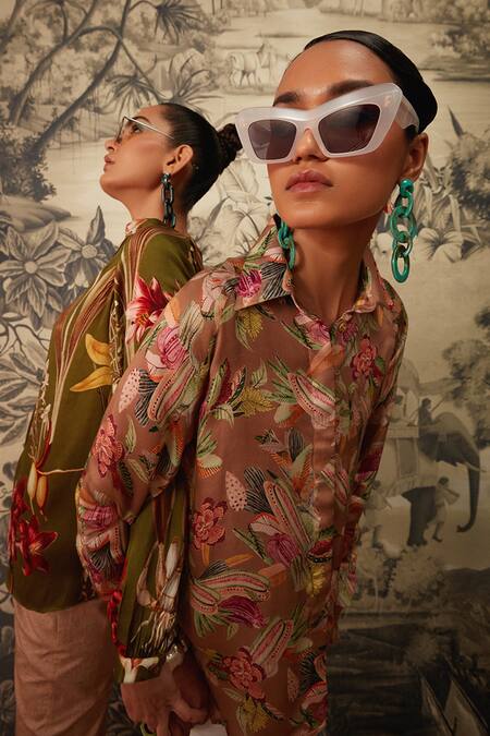 Shop Kalista Brown Cotton Satin, Viscose Embroidery Hazel Botanical Print Tunic And Pant Set Online at Aza Fashions Shop_Kalista_Brown Cotton Satin, Viscose Embroidery Hazel Botanical Print Tunic And Pant Set _Online_at_Aza_Fashions