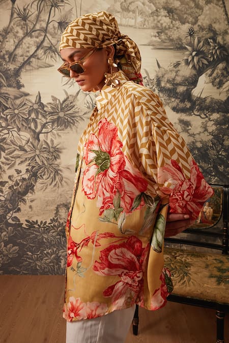 Kalista Yellow Cotton Satin, Viscose Embroidery Collared Jasmin Printed Tunic And Pant Set Online at Aza Fashions Kalista_Yellow Cotton Satin, Viscose Embroidery Collared Jasmin Printed Tunic And Pant Set _Online_at_Aza_Fashions