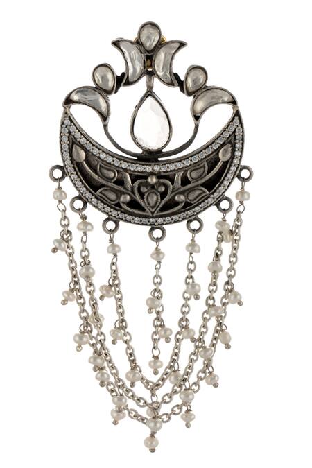 Neeta Boochra_Silver Plated Kundan Crescent Carved Danglers _Online_at_Aza_Fashions