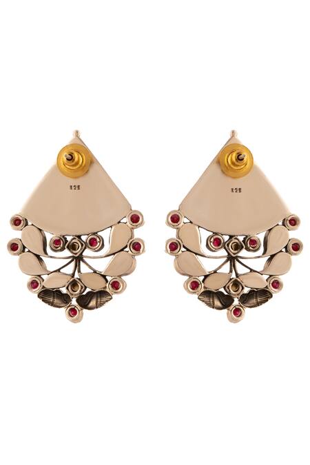 Neeta Boochra_Silver Plated Kundan And Ruby Carved Floral Pattern Earrings _Online_at_Aza_Fashions