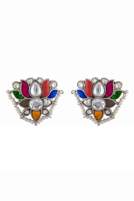 Neeta Boochra Multi Color Beads, Pearls Navratna Kundan Embellished Stud Earrings Online at Aza Fashions Neeta Boochra_Multi Color Beads, Pearls Navratna Kundan Embellished Stud Earrings _Online_at_Aza_Fashions