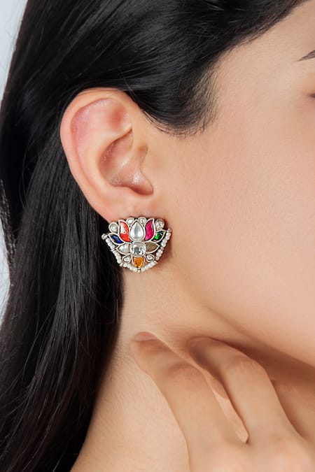 Neeta Boochra Multi Color Beads, Pearls Navratna Kundan Embellished Stud Earrings at Aza Fashions Neeta Boochra_Multi Color Beads, Pearls Navratna Kundan Embellished Stud Earrings _at_Aza_Fashions