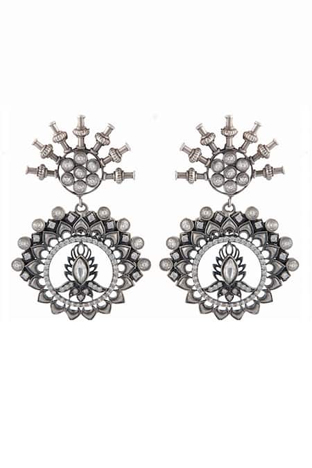 Neeta Boochra Silver Plated Crystals, Stones Floral Cut Work Statement Earrings Online at Aza Fashions Neeta Boochra_Silver Plated Crystals, Stones Floral Cut Work Statement Earrings _Online_at_Aza_Fashions