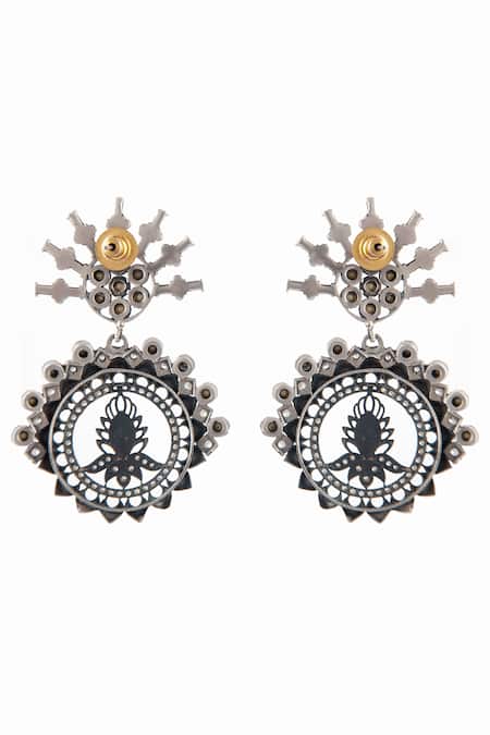 Shop Neeta Boochra Silver Plated Crystals, Stones Floral Cut Work Statement Earrings Online at Aza Fashions Shop_Neeta Boochra_Silver Plated Crystals, Stones Floral Cut Work Statement Earrings _Online_at_Aza_Fashions
