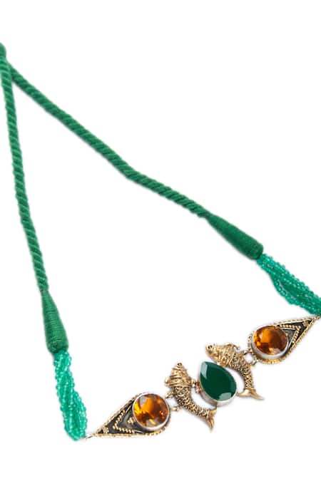 Neeta Boochra_Multi Color Green Onyx And Orange Stone Embellished Fish Choker Necklace_Online_at_Aza_Fashions