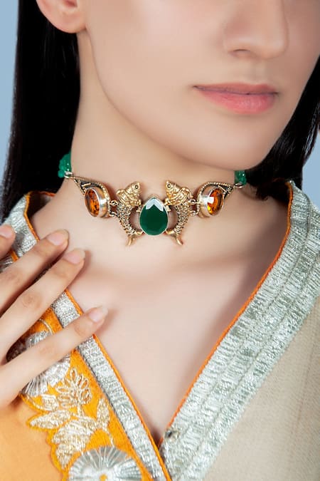 Neeta Boochra_Multi Color Green Onyx And Orange Stone Embellished Fish Choker Necklace_at_Aza_Fashions