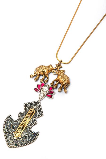 Shop Neeta Boochra Gold Plated Elephant And Lotus Carved Necklace Online at Aza Fashions Shop_Neeta Boochra_Gold Plated Elephant And Lotus Carved Necklace _Online_at_Aza_Fashions