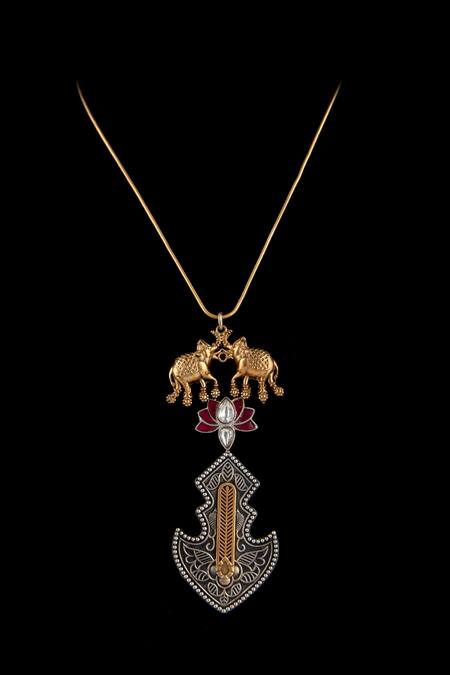 Neeta Boochra Gold Plated Elephant And Lotus Carved Necklace at Aza Fashions Neeta Boochra_Gold Plated Elephant And Lotus Carved Necklace _at_Aza_Fashions