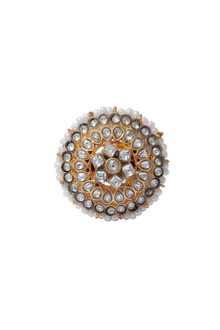 Neeta Boochra_Gold Plated Pearls, Kundan, Cubic Zirconia Embellished Ring_Online_at_Aza_Fashions