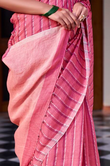 Dressfolk_Pink Linen Beads Stripe Pattern Saree With Running Blouse_Online_at_Aza_Fashions