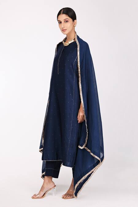 Komal Shah_Blue Chanderi, Lining  Cotton Mukaish, Zari Round Embroidered Kalidar Kurta Set _Online_at_Aza_Fashions