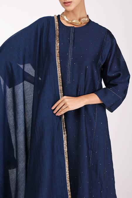 Buy_Komal Shah_Blue Chanderi, Lining  Cotton Mukaish, Zari Round Embroidered Kalidar Kurta Set _Online_at_Aza_Fashions