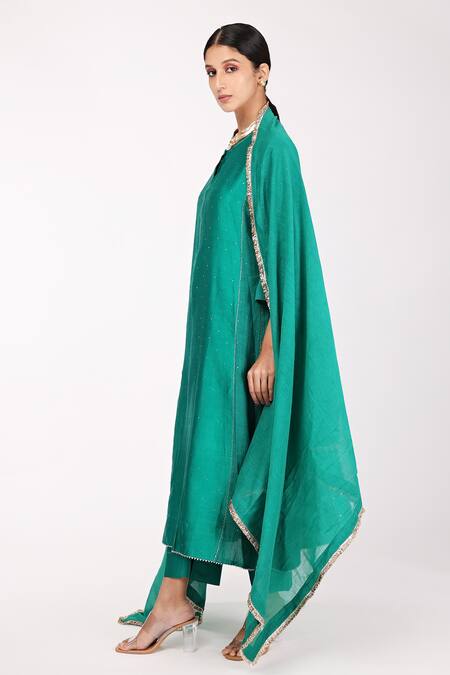 Komal Shah_Green Chanderi, Lining  Cotton Mukaish, Zari Round Kalidar Kurta Set_Online_at_Aza_Fashions