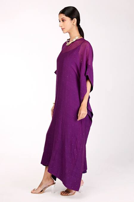 Komal Shah_Purple Inner  Butter Crepe, Kaftan  Chanderi Badla, Mukaish Round_Online_at_Aza_Fashions
