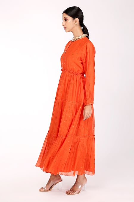 Komal Shah_Orange Chanderi Mukaish Round Embroidered Maxi Dress _Online_at_Aza_Fashions