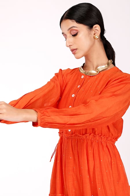 Buy_Komal Shah_Orange Chanderi Mukaish Round Embroidered Maxi Dress _Online_at_Aza_Fashions
