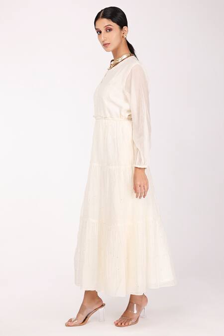 Komal Shah_Off White Chanderi Mukaish Round Maxi Dress_Online_at_Aza_Fashions