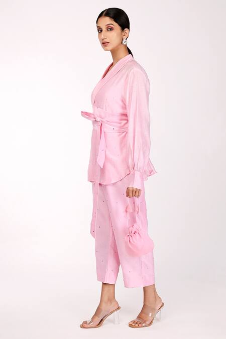 Komal Shah Pink Inner And Lining Butter Crepe, Top & Pant Chanderi Embroidered Set Online at Aza Fashions Komal Shah_Pink Inner And Lining Butter Crepe, Top & Pant Chanderi Embroidered Set_Online_at_Aza_Fashions