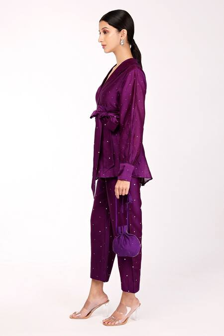 Komal Shah Purple Inner And Lining Butter Crepe, Top & Pant Chanderi Embroidered Set Online at Aza Fashions Komal Shah_Purple Inner And Lining Butter Crepe, Top & Pant Chanderi Embroidered Set_Online_at_Aza_Fashions