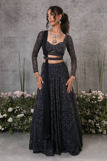 Pritika Vora_Blue Soft Net Embroidered Sequins Crystal Bridal Lehenga Set With Belt_Online_at_Aza_Fashions