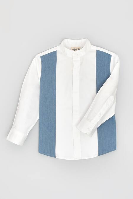 LA Dee DA White Cotton Denim Panel Shirt Online at Aza Fashions LA Dee DA_White Cotton Denim Panel Shirt _Online_at_Aza_Fashions