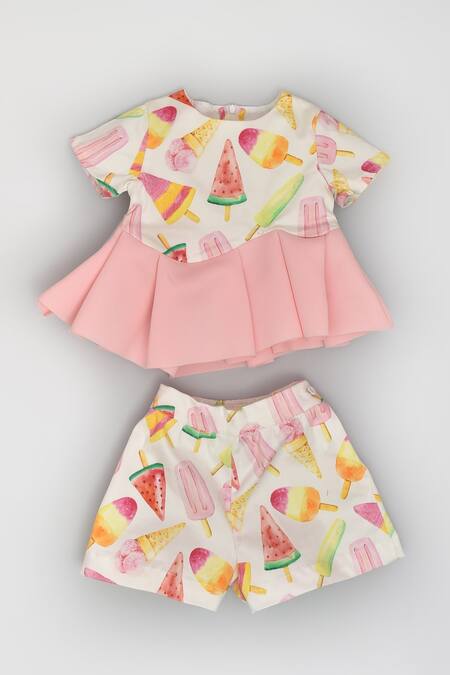 LA Dee DA Multi Color Cotton Ice Cream Print Peplum Top And Short Set Online at Aza Fashions LA Dee DA_Multi Color Cotton Ice Cream Print Peplum Top And Short Set _Online_at_Aza_Fashions