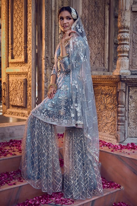 Lashkaraa_Grey Net Sequins, Zari, Embroidery V-neck Floral Kurta Gharara Set _Online_at_Aza_Fashions