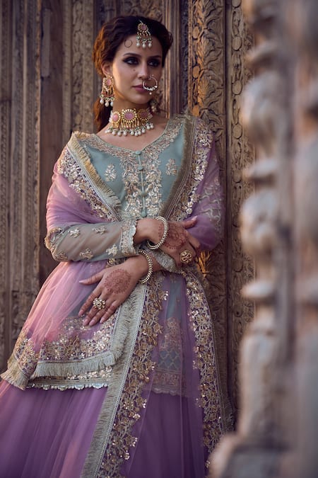 Buy_Lashkaraa_Purple Net Zari, Stones, Embroidery V-neck Flower Kurta Lehenga Set _Online_at_Aza_Fashions