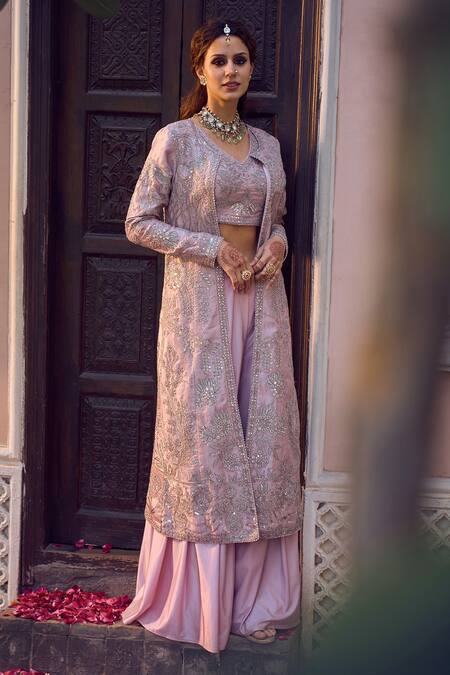 Lashkaraa_Pink Satin Sequins, Zari V-, Round And Embroidered Jacket Set_Online_at_Aza_Fashions